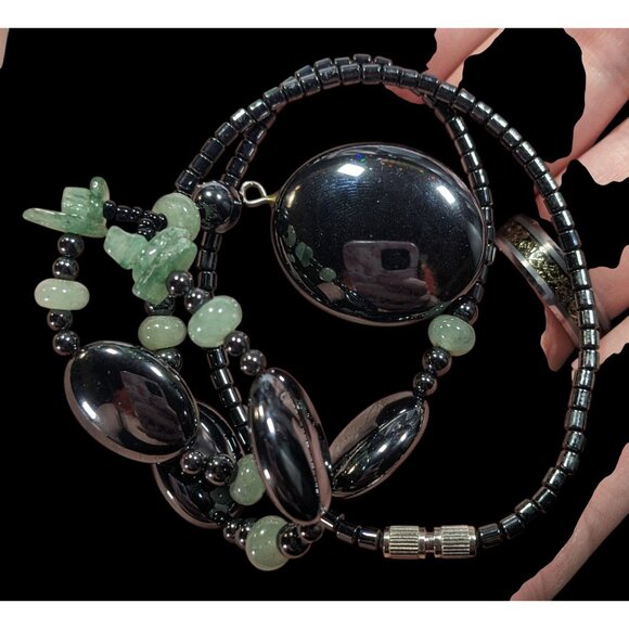 Handmade Hematite And Green Amethyst Beaded Drop Necklace - Picture 5 of 6